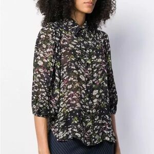 GANNI Floral Print Sheer Shirt Black Top Floral Blouse Women’s Size 42 L